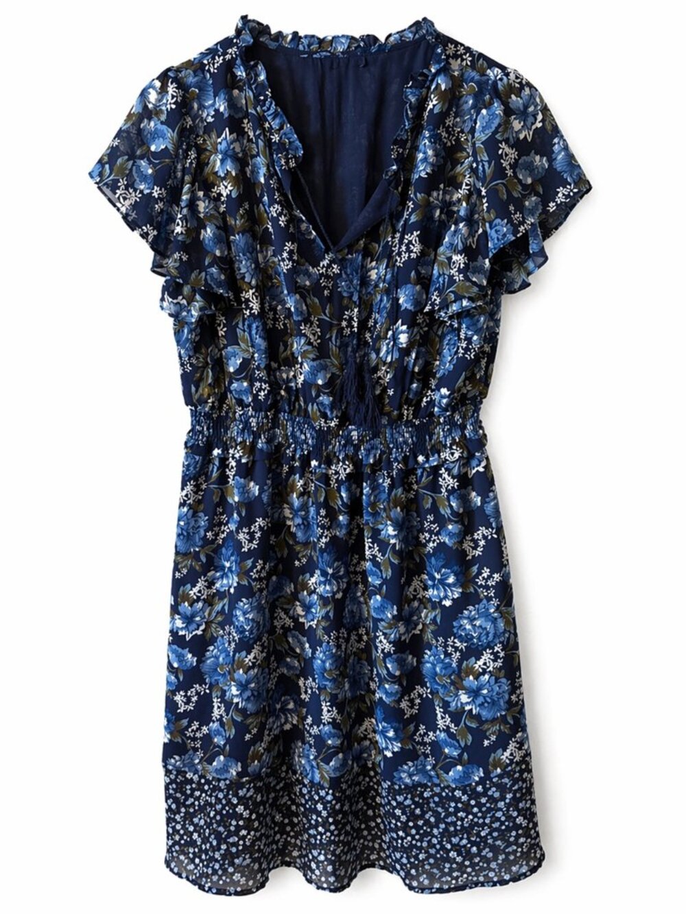 Romantic Navy Floral Midi Dress Ruffle Sleeve Cottagecore Coastal Flowy